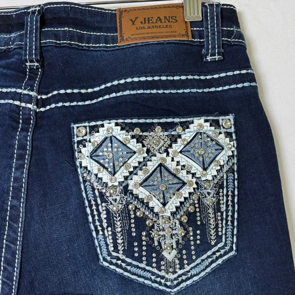 Y Jeans Los Angeles Straight Leg Jeans Womens 9/10 Dark‎ Wash Embroidered Bling